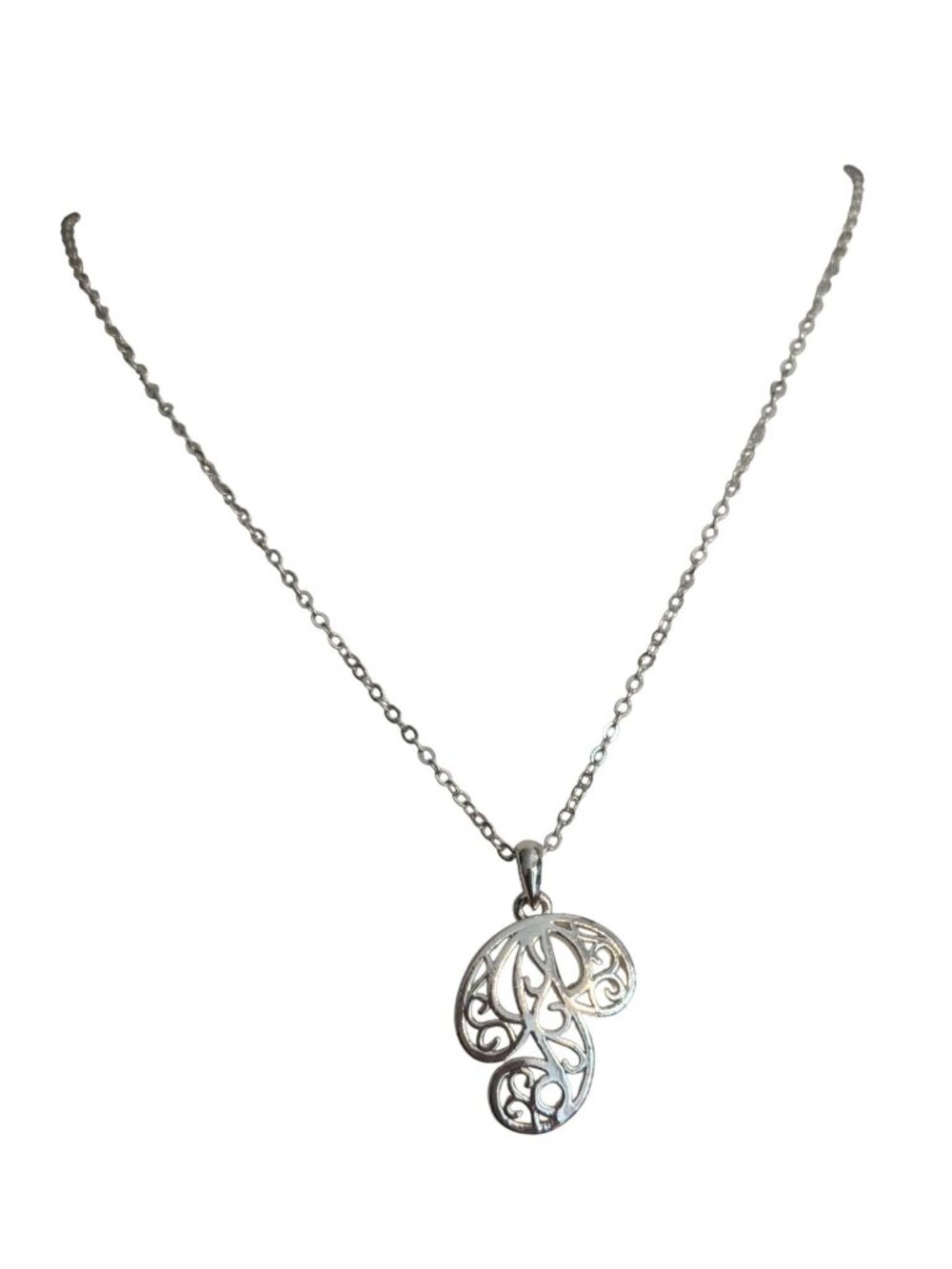 Silver P Initial Filigree Pendant Necklace Delicate Chain Adj 19" Lightweight